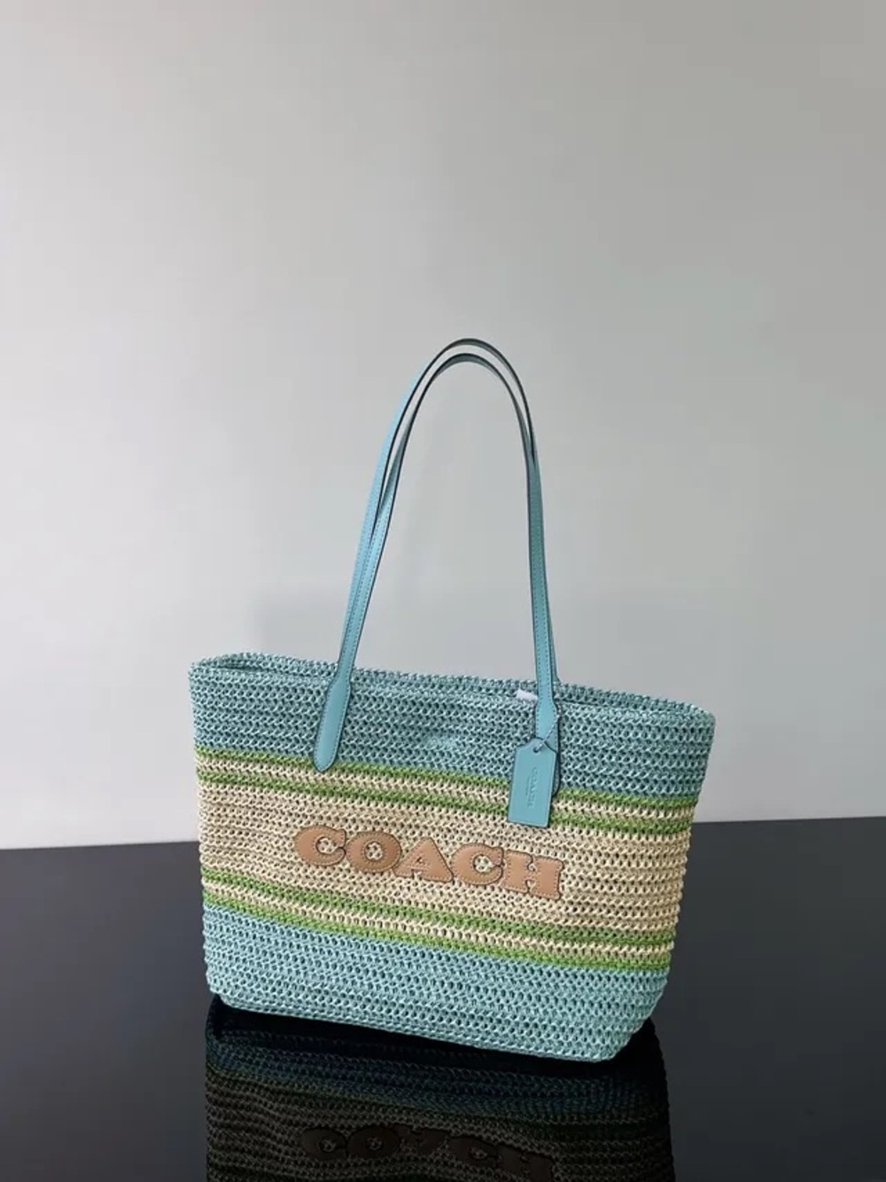 Coach Straw Tote in Light Blue, Cream and Green Stripes - Picture 2 of 6